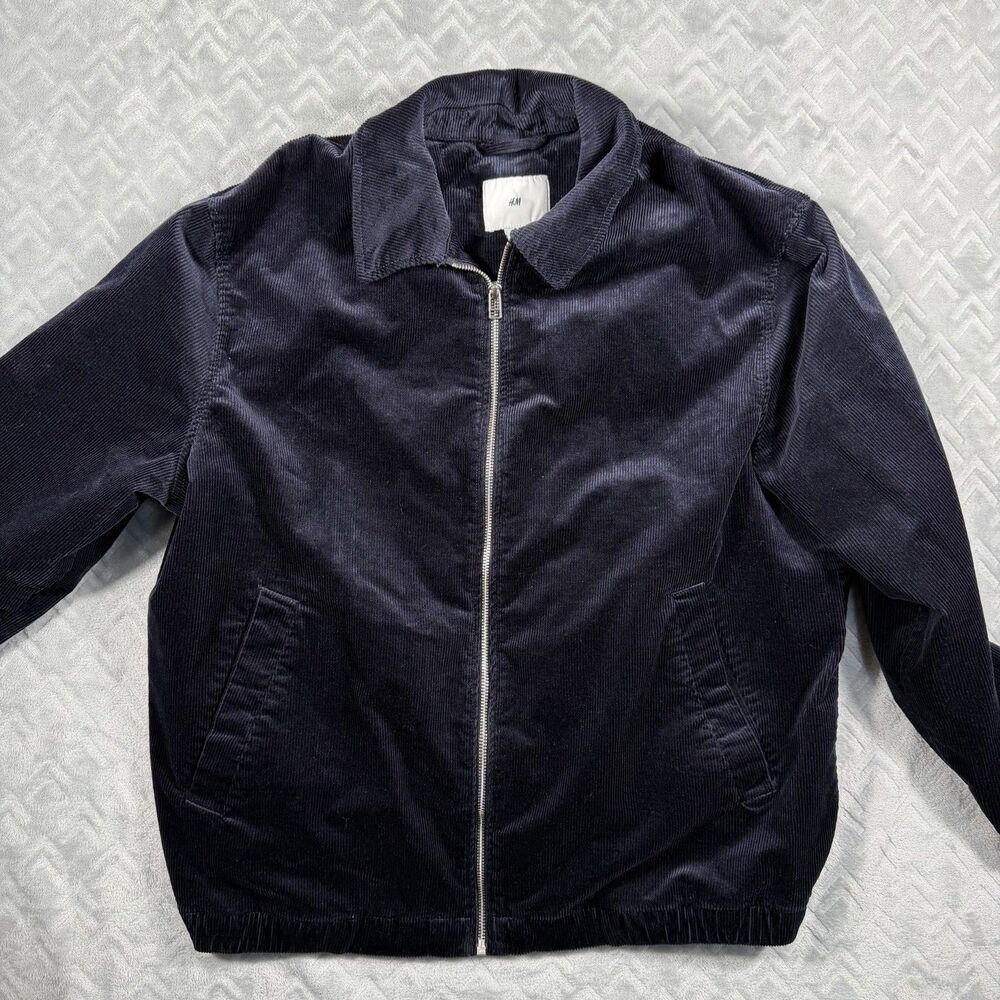 H&M Corduroy Jacket Men’s Size L Navy Blue Zip Up Retro Vintage Casual Coat